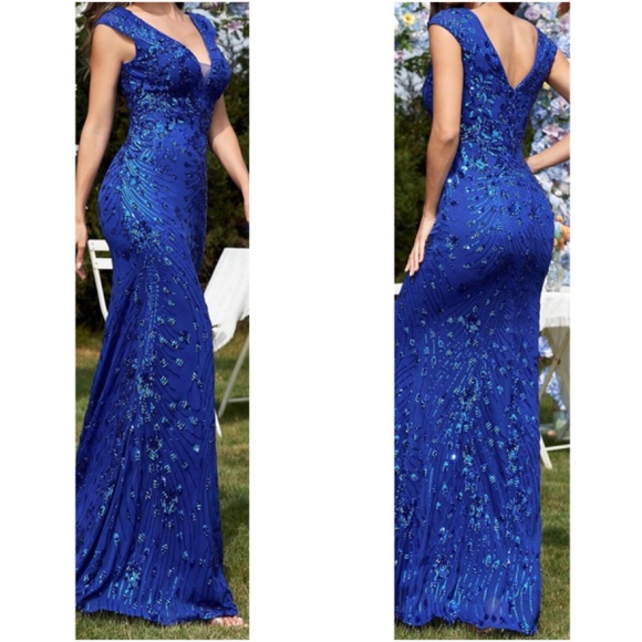 Plus V neck Sequin High Waisted Formal Black Tie Wedding Dress - Picture 12 of 13